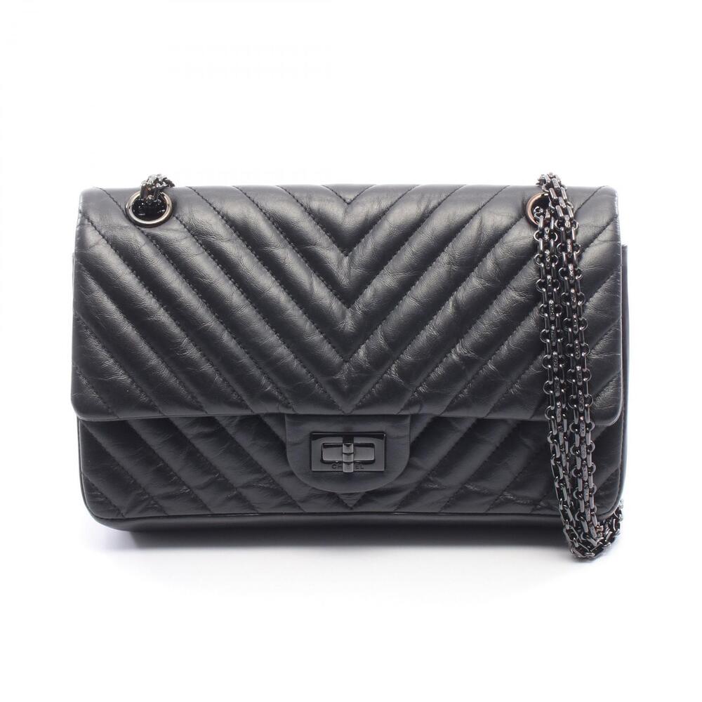 Chanel Chevron V stitch Double Flap Shoulder Bag Leather Black